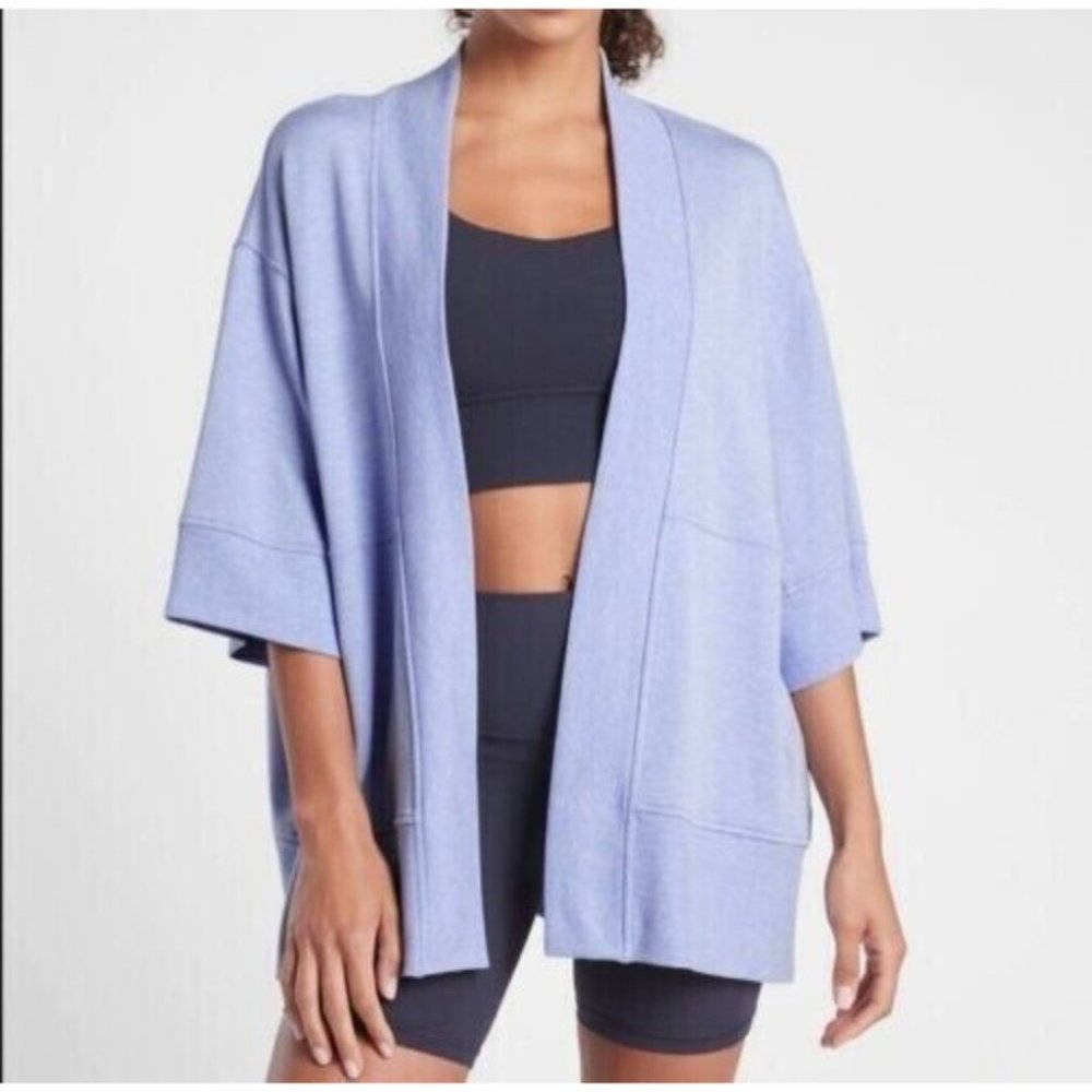 ATHLETA Womens S/M Studio Workout Lotus Wrap Blue Heather Open Front Cardigan - Picture 3 of 8